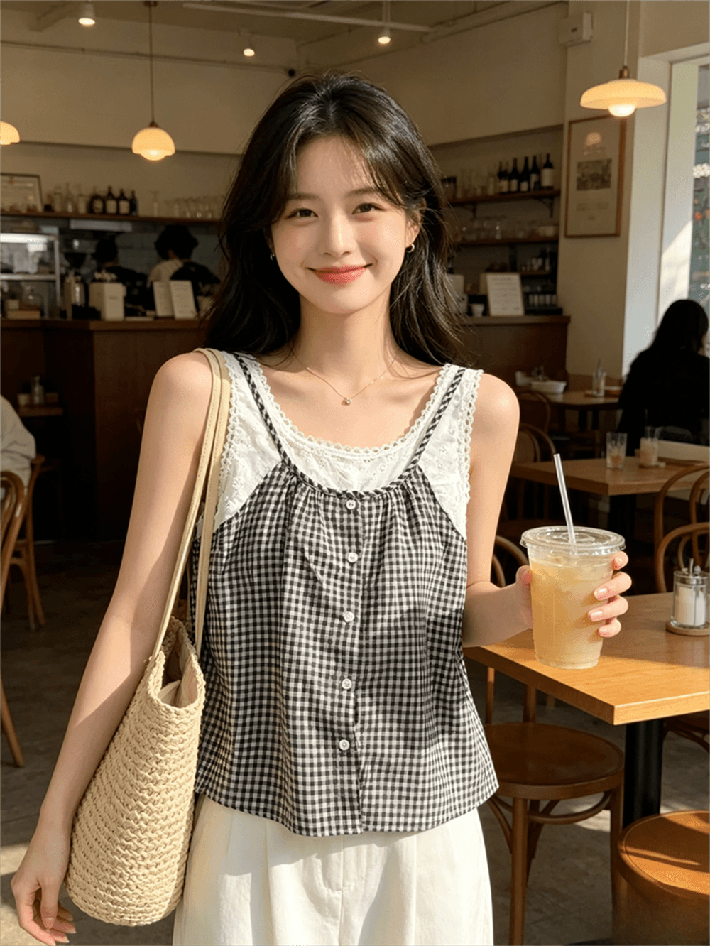 실사 여름 캐주얼 낮음 라운드 넥 패치워크 체크무늬 루즈핏 싱글 줄 버튼 조끼 달콤함 풀오버 페이크 레이어드 티셔츠 이미지 3