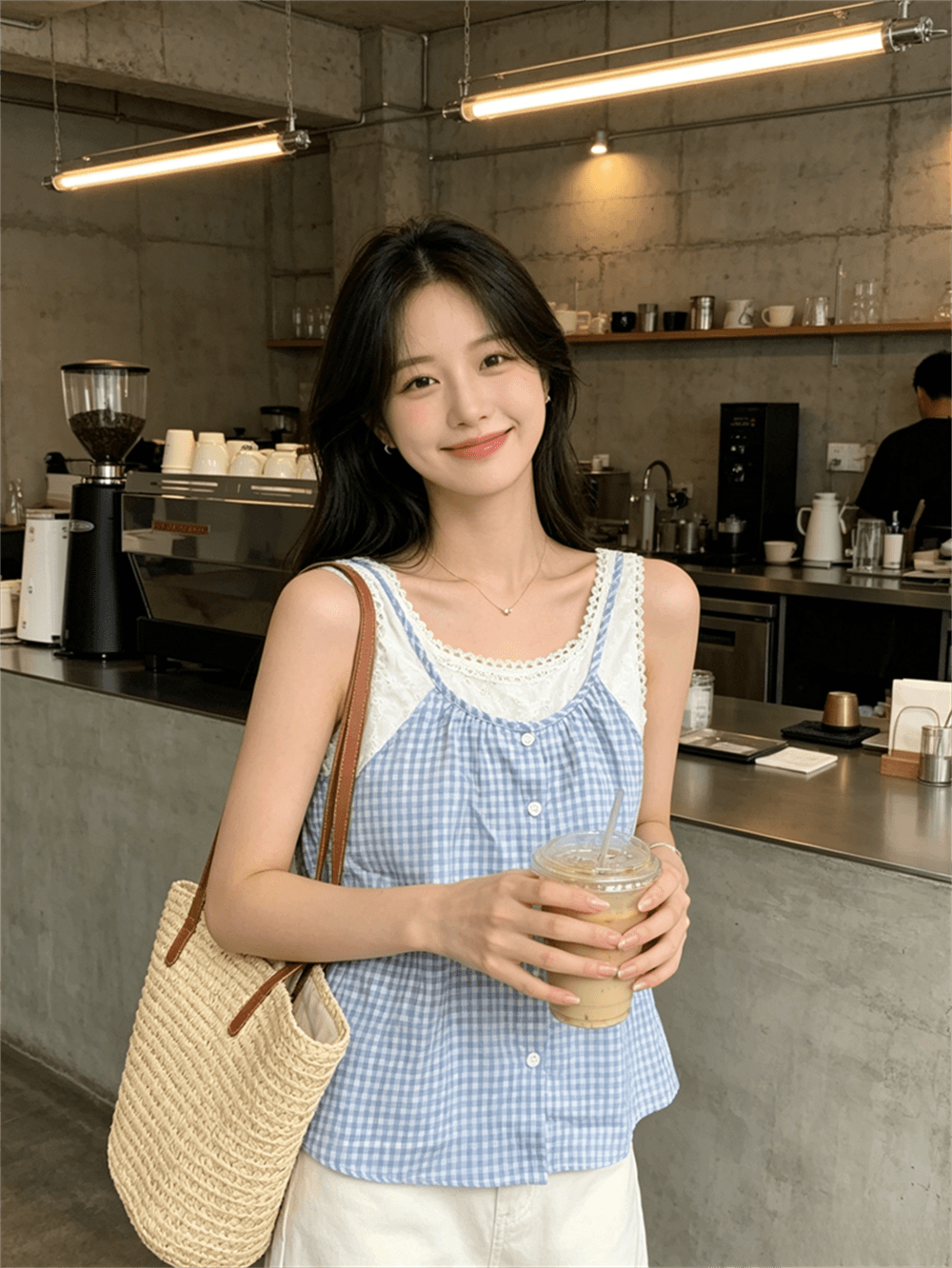 실사 여름 캐주얼 낮음 라운드 넥 패치워크 체크무늬 루즈핏 싱글 줄 버튼 조끼 달콤함 풀오버 페이크 레이어드 티셔츠