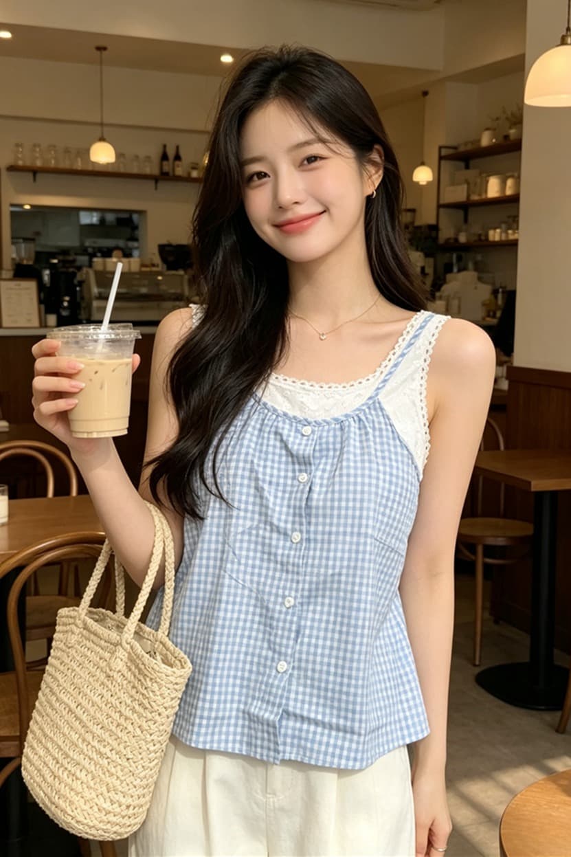 실사 여름 캐주얼 낮음 라운드 넥 패치워크 체크무늬 루즈핏 싱글 줄 버튼 조끼 달콤함 풀오버 페이크 레이어드 티셔츠 이미지 6