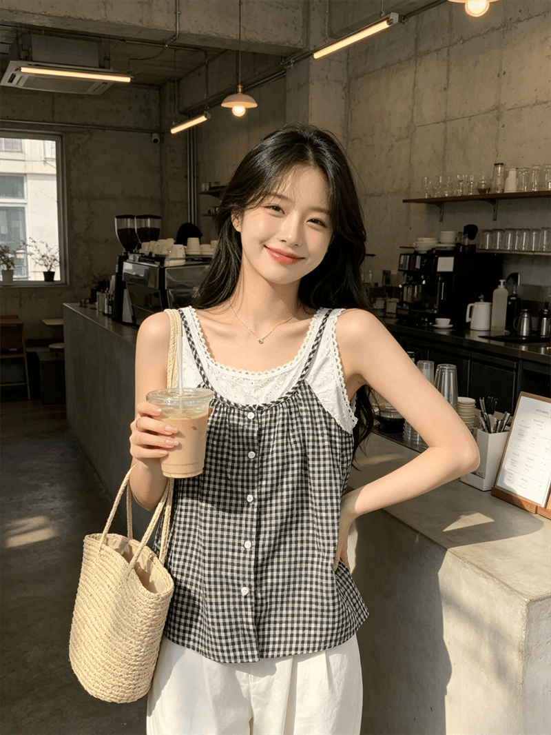 실사 여름 캐주얼 낮음 라운드 넥 패치워크 체크무늬 루즈핏 싱글 줄 버튼 조끼 달콤함 풀오버 페이크 레이어드 티셔츠 상세 이미지 1