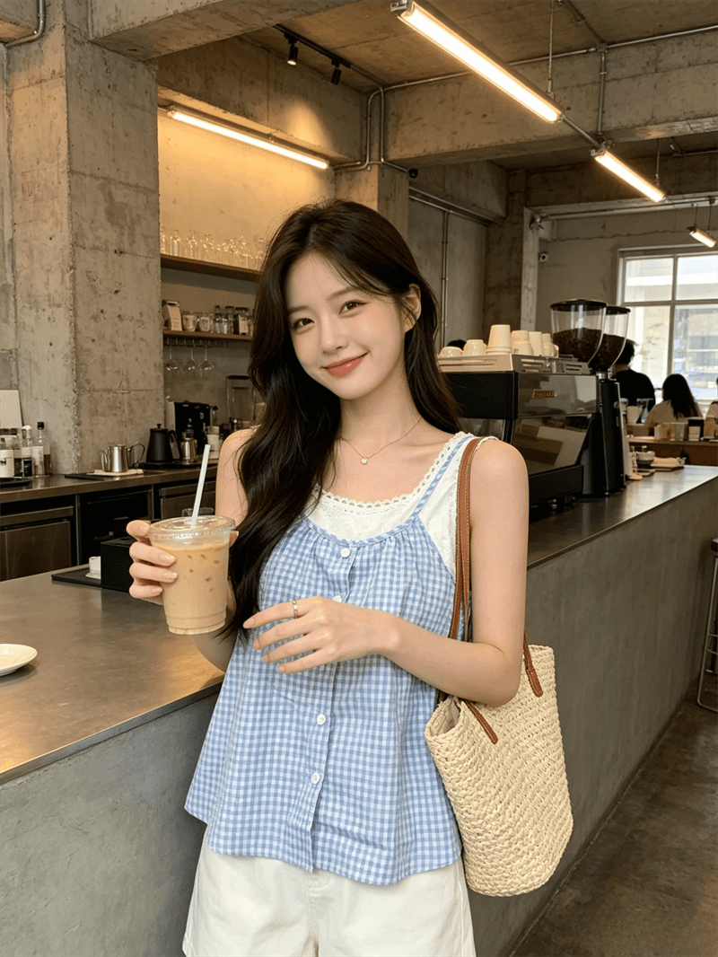 실사 여름 캐주얼 낮음 라운드 넥 패치워크 체크무늬 루즈핏 싱글 줄 버튼 조끼 달콤함 풀오버 페이크 레이어드 티셔츠 상세 이미지 5