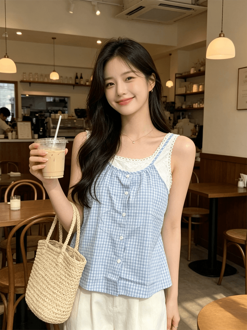 실사 여름 캐주얼 낮음 라운드 넥 패치워크 체크무늬 루즈핏 싱글 줄 버튼 조끼 달콤함 풀오버 페이크 레이어드 티셔츠 상세 이미지 6