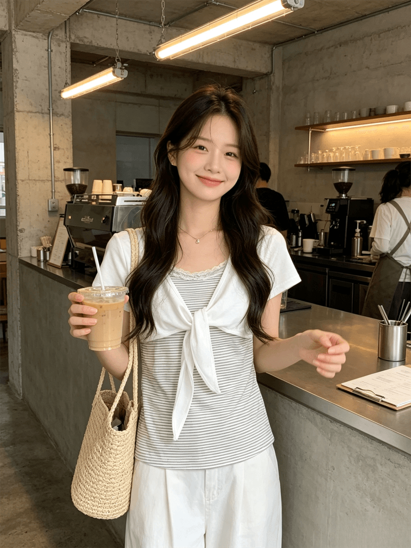 실사 여름 학원 스타일 라운드 넥 패치워크 스트라이프 디자인 센스 몸매 가꾸기 반팔 페이크 레이어드 핫걸 풀오버 티셔츠 상세 이미지 4
