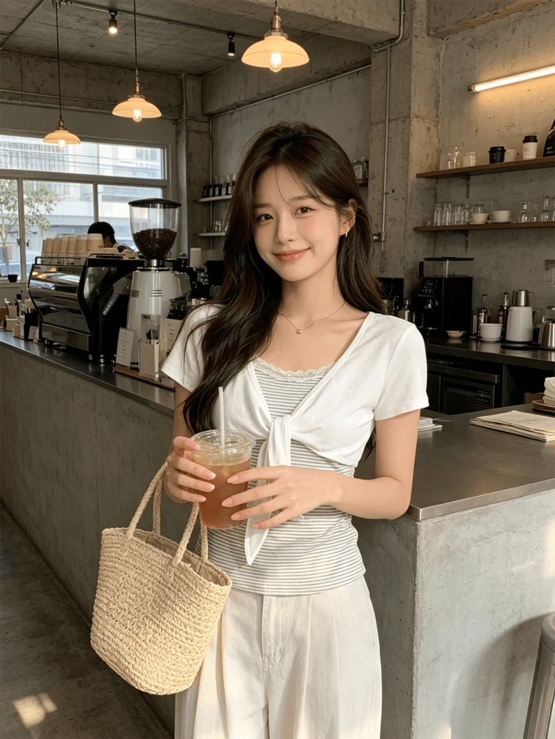 실사 여름 학원 스타일 라운드 넥 패치워크 스트라이프 디자인 센스 몸매 가꾸기 반팔 페이크 레이어드 핫걸 풀오버 티셔츠 상세 이미지 7