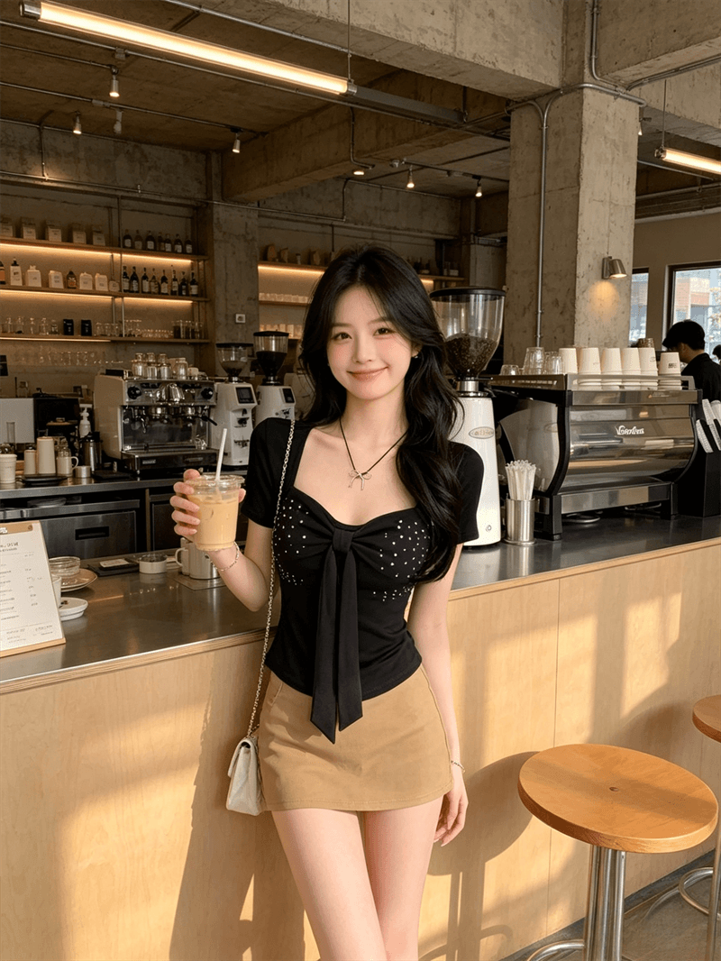 실사 여름 디자인 센스 V넥 패치워크 핫픽스 레이스업 반팔 맨위 핫걸 쇼트 스타일 몸매 가꾸기 슬림해 보이는 풀오버 티셔츠 상세 이미지 7