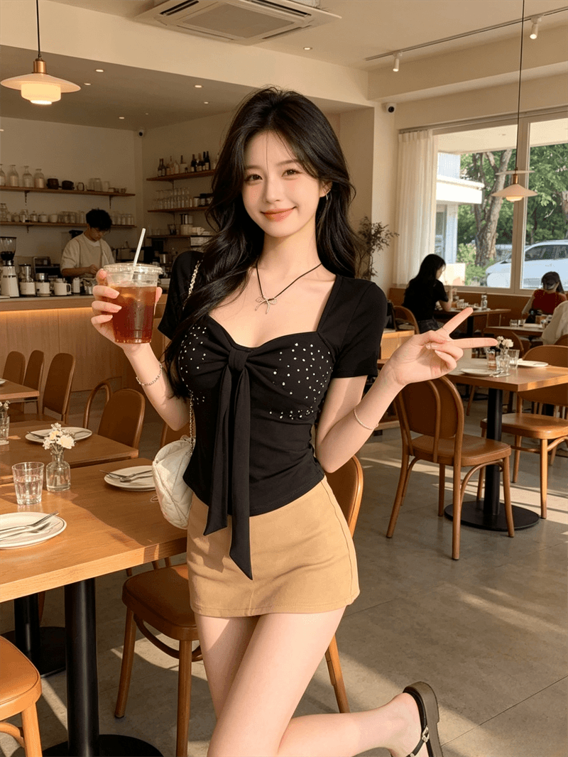 실사 여름 디자인 센스 V넥 패치워크 핫픽스 레이스업 반팔 맨위 핫걸 쇼트 스타일 몸매 가꾸기 슬림해 보이는 풀오버 티셔츠 상세 이미지 9