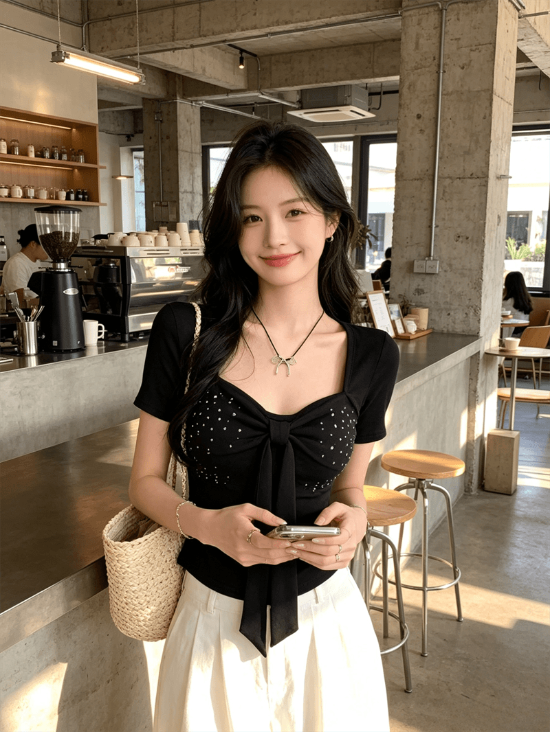 실사 여름 디자인 센스 V넥 패치워크 핫픽스 레이스업 반팔 맨위 핫걸 쇼트 스타일 몸매 가꾸기 슬림해 보이는 풀오버 티셔츠 상세 이미지 10