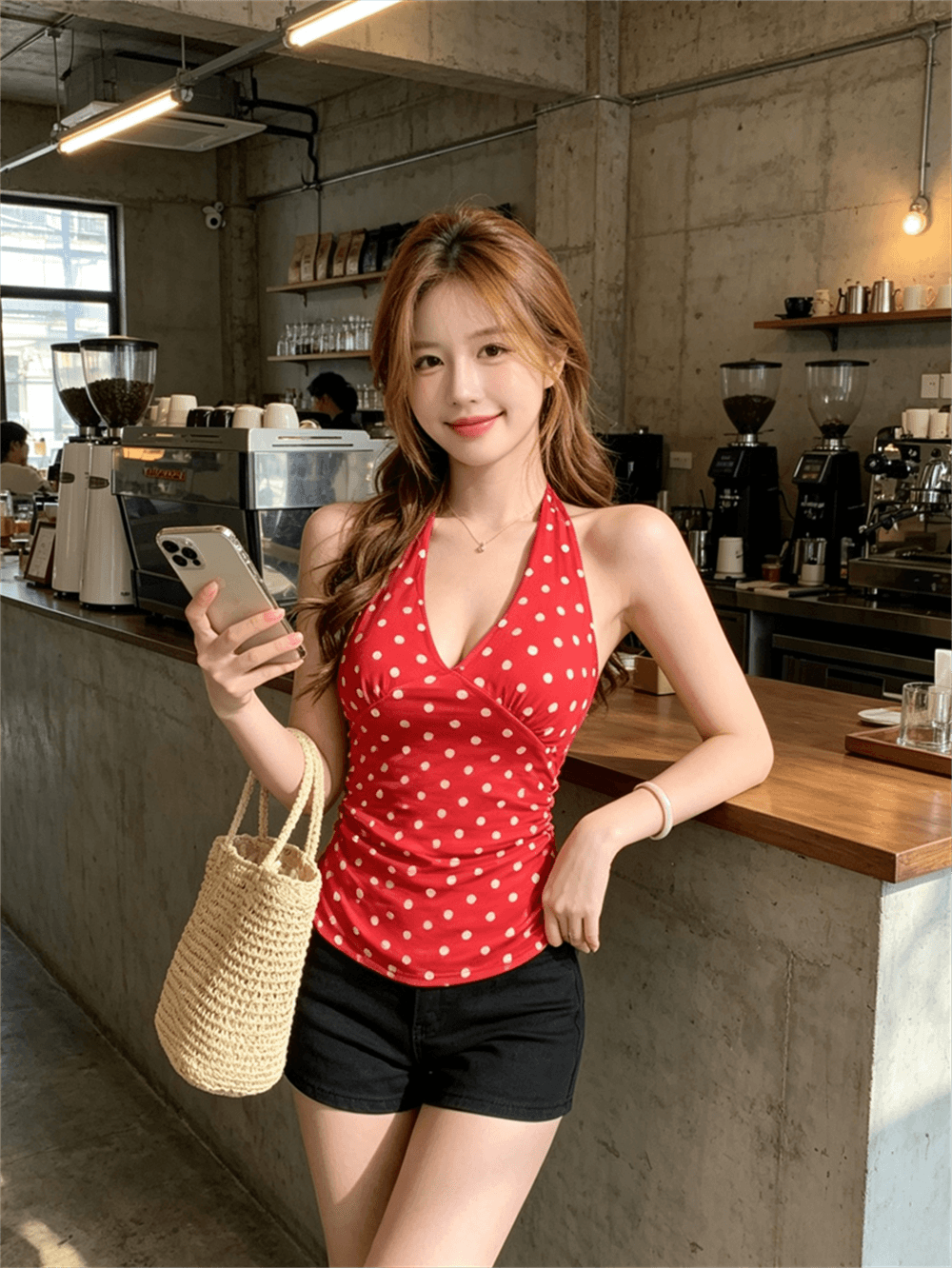 여름 순수한 욕망 바람 깊은 V 넥 패치워크 도트 무늬 행침 목 스타일 쇼트 스타일 티셔츠 섹시함 백리스 몸매 가꾸기 레이스업 조끼 슬립
