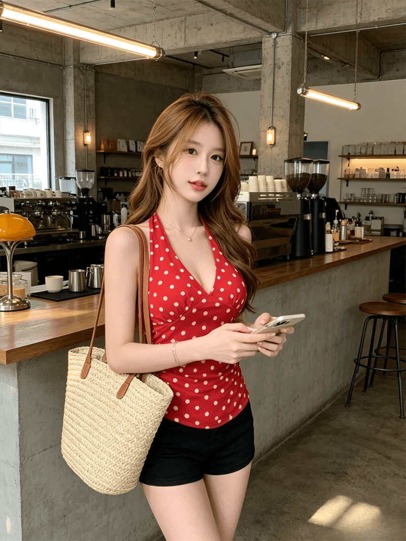 여름 순수한 욕망 바람 깊은 V 넥 패치워크 도트 무늬 행침 목 스타일 쇼트 스타일 티셔츠 섹시함 백리스 몸매 가꾸기 레이스업 조끼 슬립 상세 이미지 19