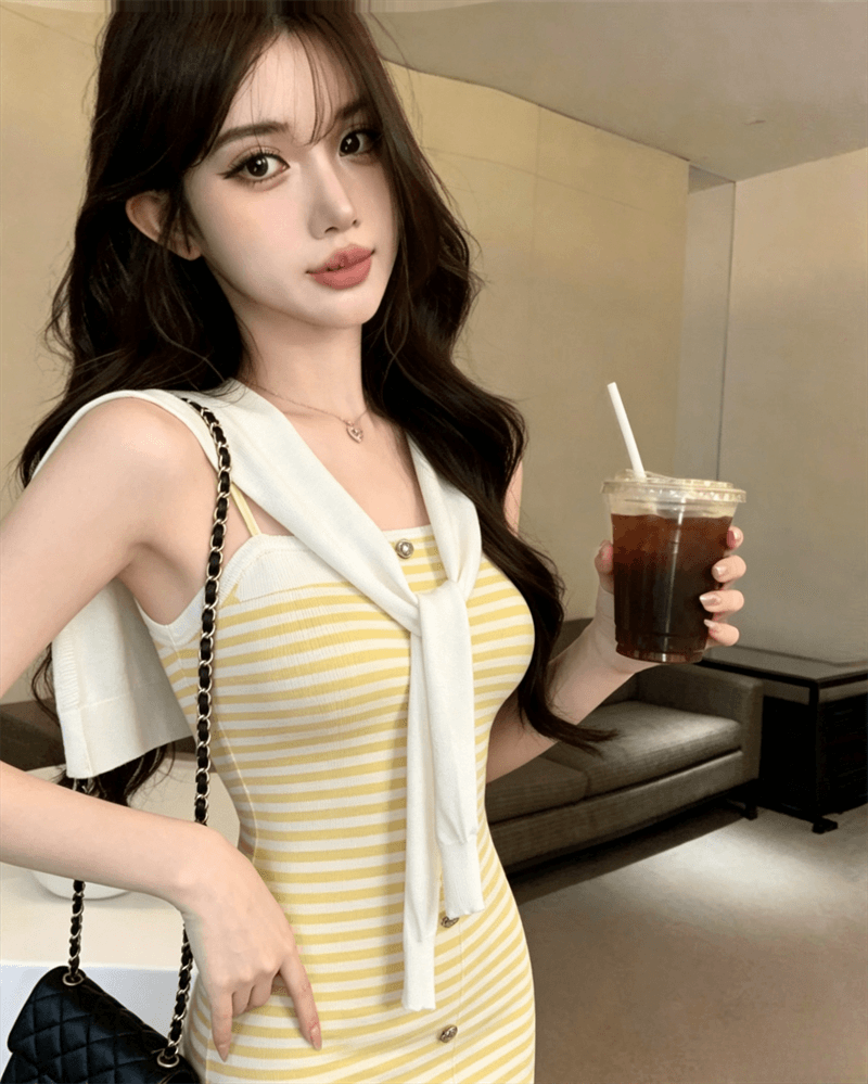 실사 여름 프랑스식 보트넥 패치워크 스트라이프 배색 튜브탑 종류 경기 숄 섹시함 타이트 스커트 니트 드레스 상세 이미지 5