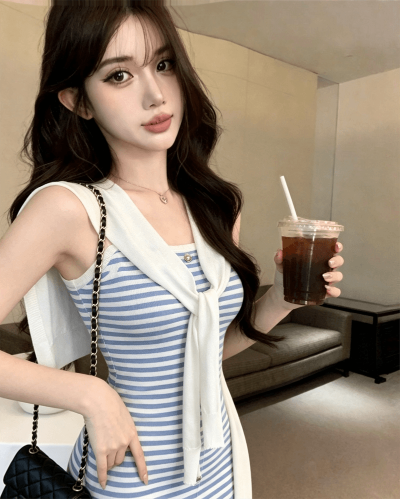 실사 여름 프랑스식 보트넥 패치워크 스트라이프 배색 튜브탑 종류 경기 숄 섹시함 타이트 스커트 니트 드레스 상세 이미지 8