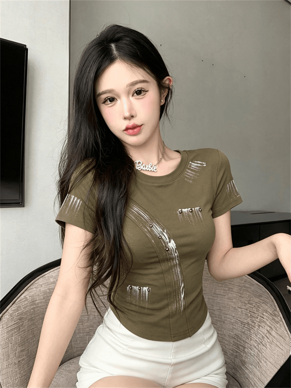 실사 여름 디자인 센스 라운드 넥 패치워크 프린트 배색 몸매 가꾸기 반팔 맨위 핫걸 쇼트 스타일 품격 티셔츠 이미지 4