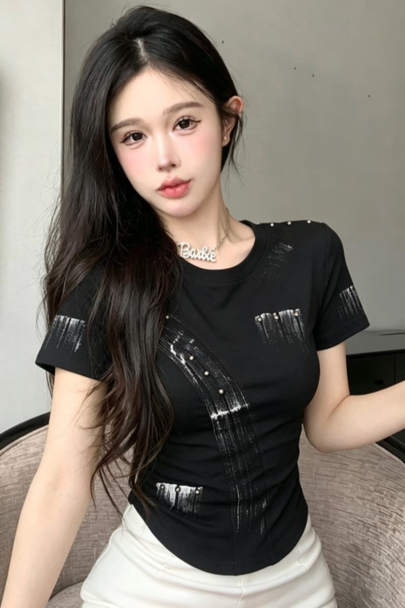실사 여름 디자인 센스 라운드 넥 패치워크 프린트 배색 몸매 가꾸기 반팔 맨위 핫걸 쇼트 스타일 품격 티셔츠 이미지 6