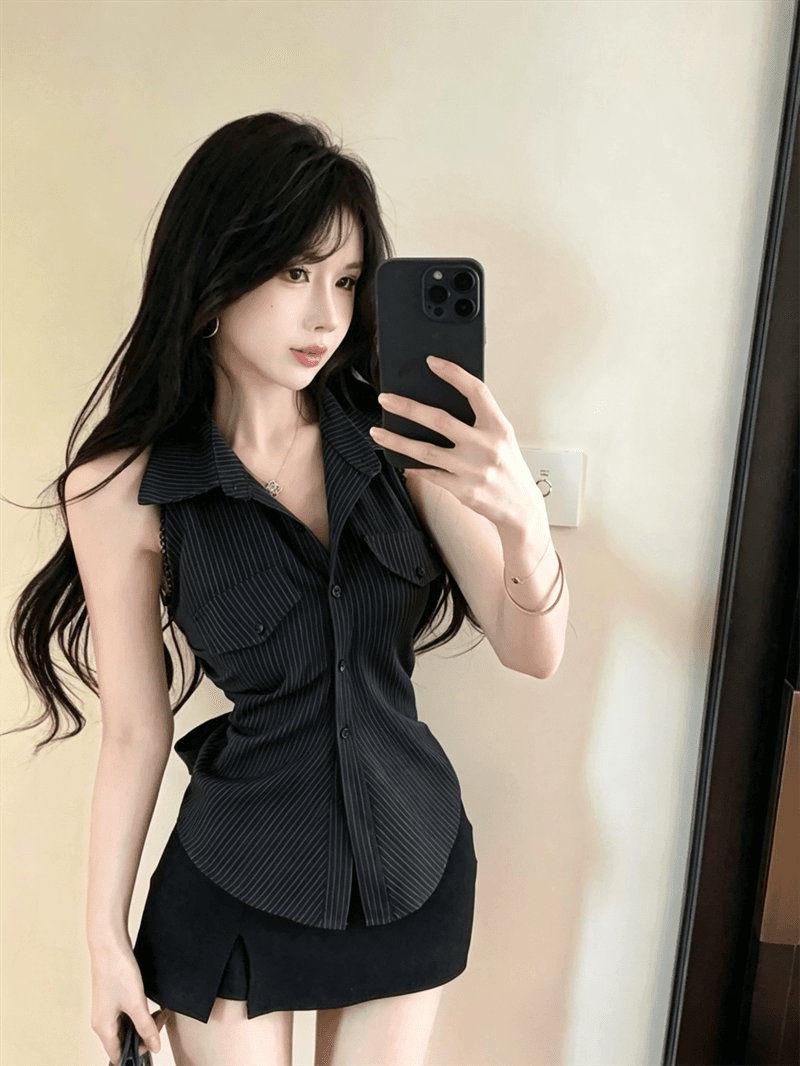 여름 디자인 센스 이슬 허리 POLO 칼라 패치워크 스트라이프 싱글 줄 버튼 쇼트 스타일 레이스업 나비 매듭 몸매 가꾸기 쉬폰 블라우스 상세 이미지 2