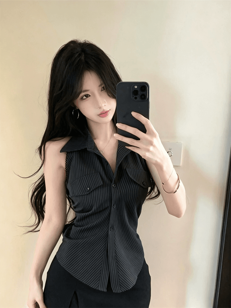 여름 디자인 센스 이슬 허리 POLO 칼라 패치워크 스트라이프 싱글 줄 버튼 쇼트 스타일 레이스업 나비 매듭 몸매 가꾸기 쉬폰 블라우스 상세 이미지 4