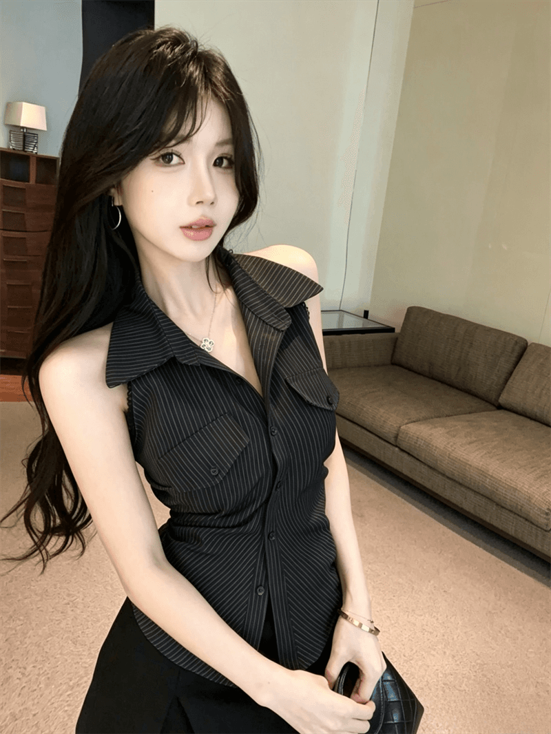 여름 디자인 센스 이슬 허리 POLO 칼라 패치워크 스트라이프 싱글 줄 버튼 쇼트 스타일 레이스업 나비 매듭 몸매 가꾸기 쉬폰 블라우스 상세 이미지 6
