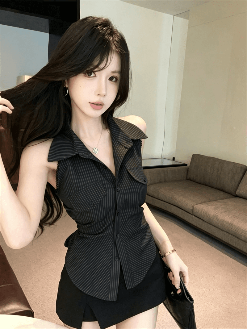 여름 디자인 센스 이슬 허리 POLO 칼라 패치워크 스트라이프 싱글 줄 버튼 쇼트 스타일 레이스업 나비 매듭 몸매 가꾸기 쉬폰 블라우스 상세 이미지 8