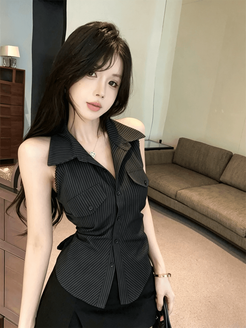 여름 디자인 센스 이슬 허리 POLO 칼라 패치워크 스트라이프 싱글 줄 버튼 쇼트 스타일 레이스업 나비 매듭 몸매 가꾸기 쉬폰 블라우스 상세 이미지 9