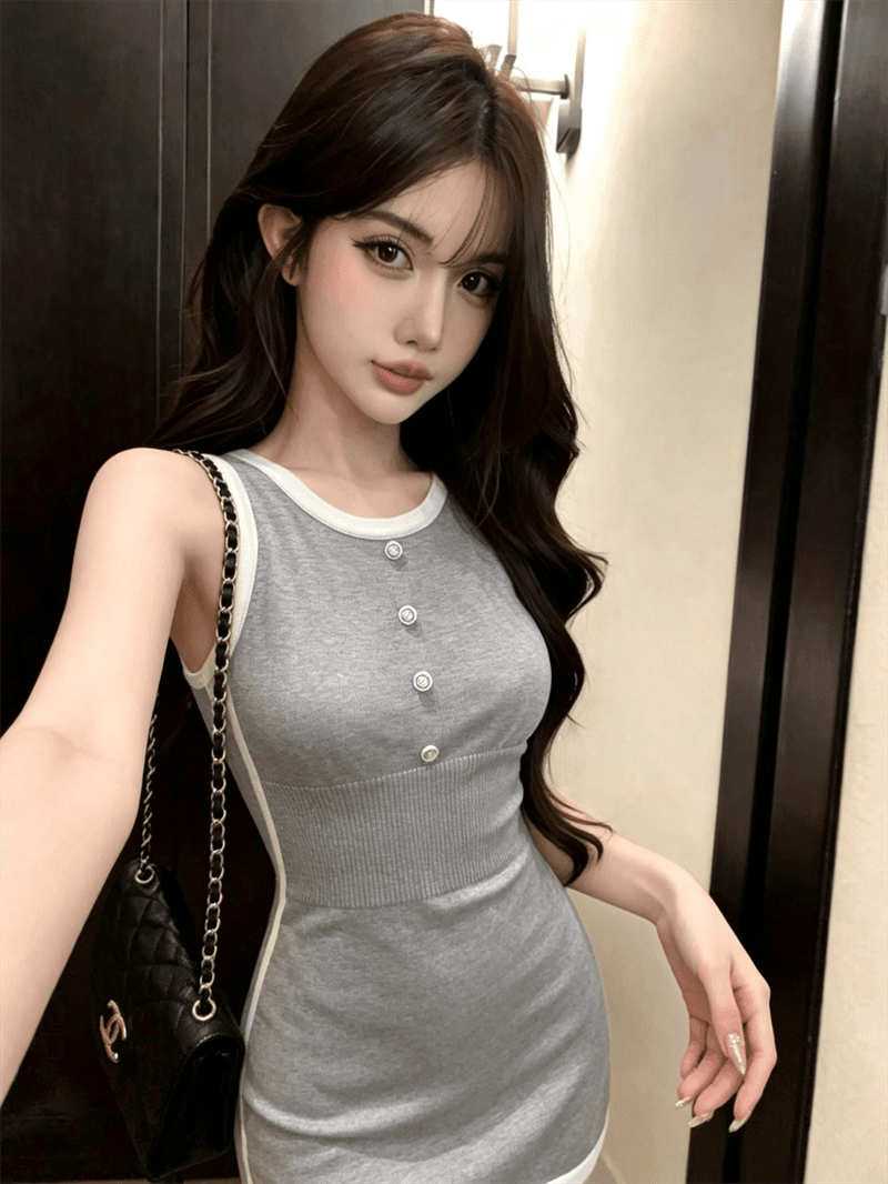실사 여름 디자인 센스 라운드 넥 패치워크 배색 민소매 느긋한 바람 미니 스커트 페이크 레이어드 달콤함 니트 드레스 상세 이미지 2