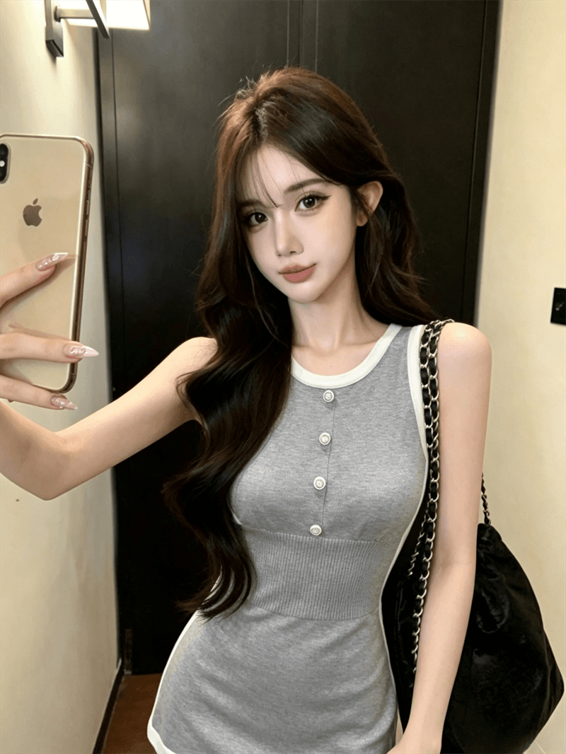 실사 여름 디자인 센스 라운드 넥 패치워크 배색 민소매 느긋한 바람 미니 스커트 페이크 레이어드 달콤함 니트 드레스 상세 이미지 5