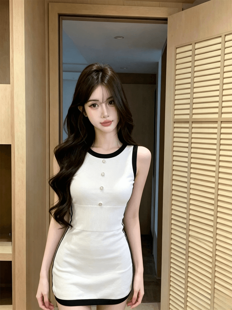 실사 여름 디자인 센스 라운드 넥 패치워크 배색 민소매 느긋한 바람 미니 스커트 페이크 레이어드 달콤함 니트 드레스 상세 이미지 9