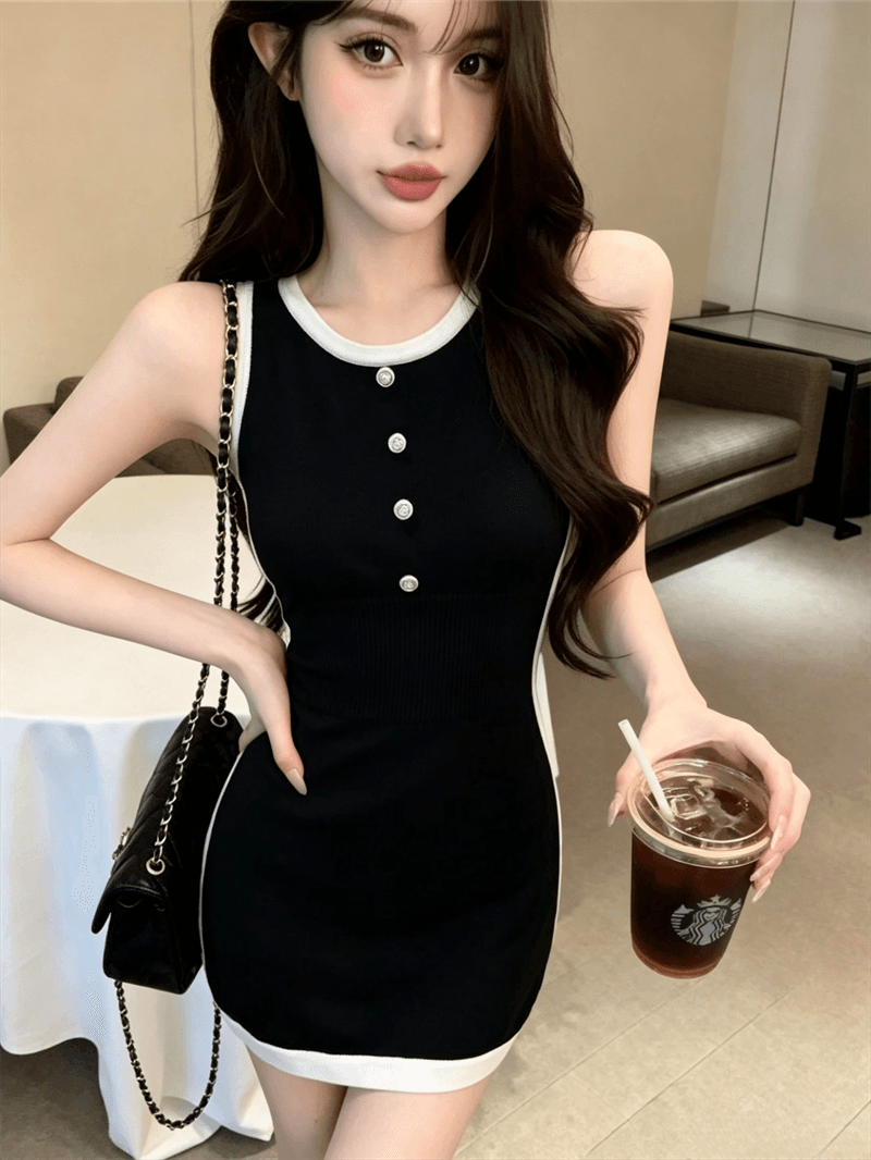 실사 여름 디자인 센스 라운드 넥 패치워크 배색 민소매 느긋한 바람 미니 스커트 페이크 레이어드 달콤함 니트 드레스 상세 이미지 12