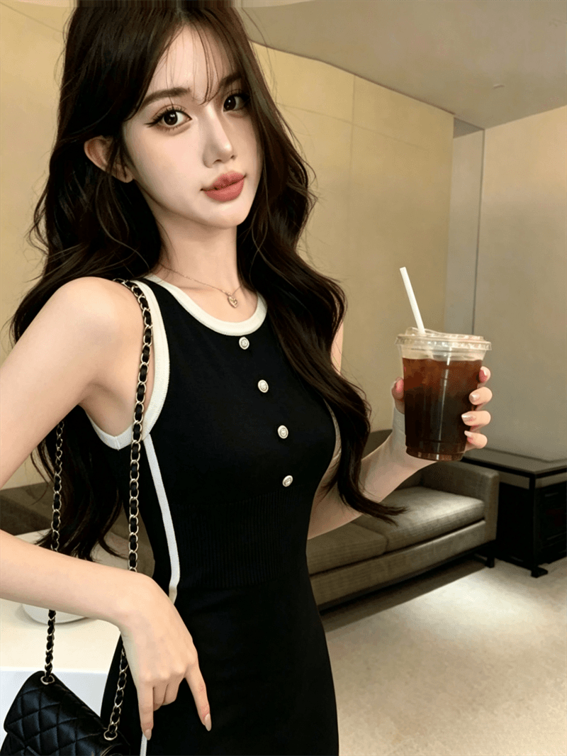실사 여름 디자인 센스 라운드 넥 패치워크 배색 민소매 느긋한 바람 미니 스커트 페이크 레이어드 달콤함 니트 드레스 상세 이미지 13