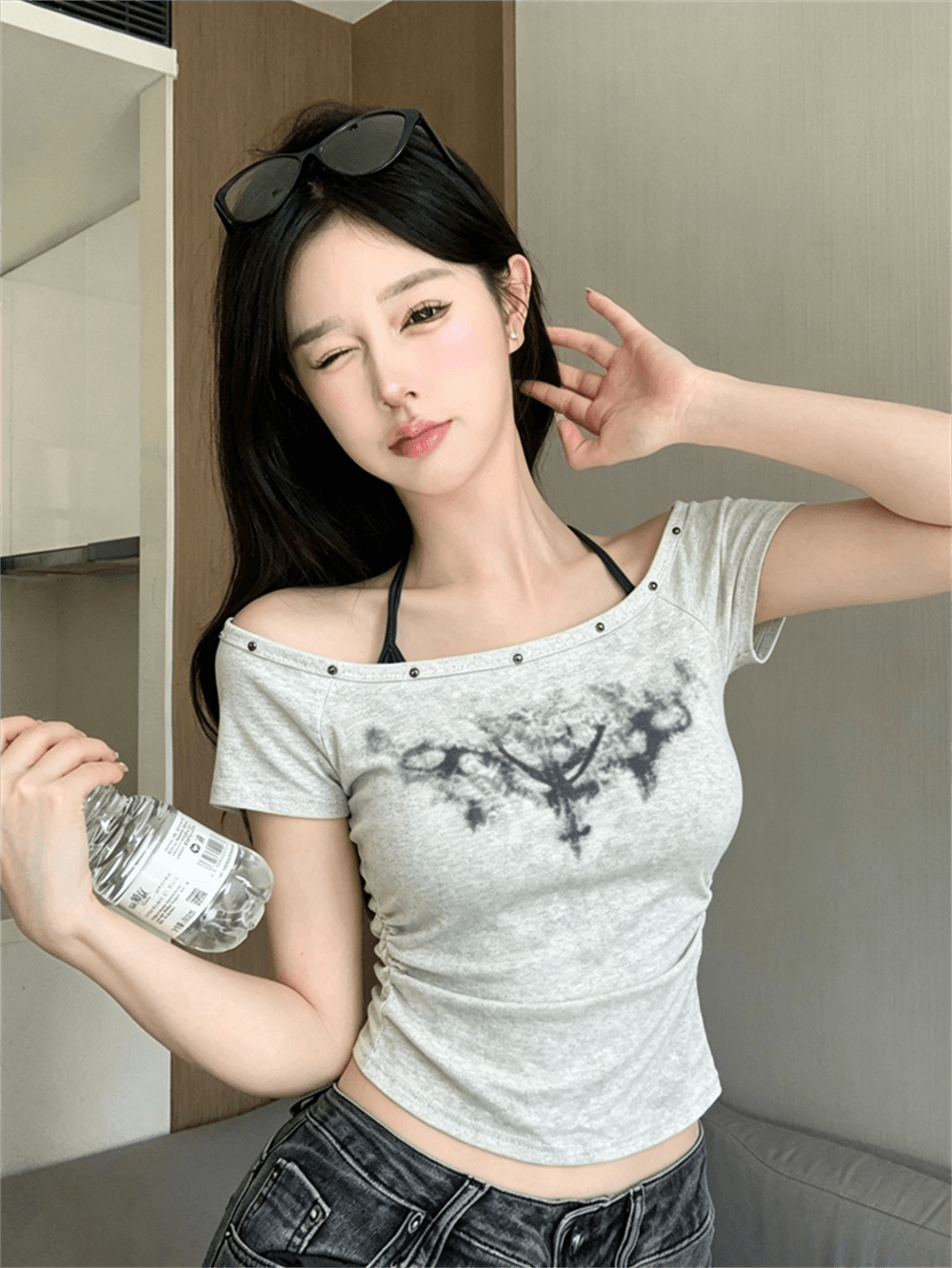실사 여름 디자인 센스 비스듬한 칼라 패치워크 행침 목 스타일 몸매 가꾸기 카모플라주 맨위 핫걸 쇼트 스타일 페이크 레이어드 티셔츠 이미지 3