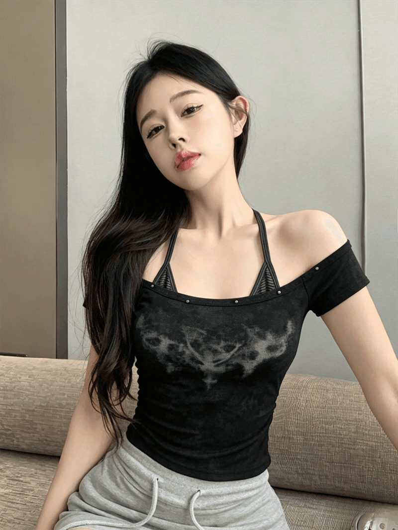 실사 여름 디자인 센스 비스듬한 칼라 패치워크 행침 목 스타일 몸매 가꾸기 카모플라주 맨위 핫걸 쇼트 스타일 페이크 레이어드 티셔츠 상세 이미지 2