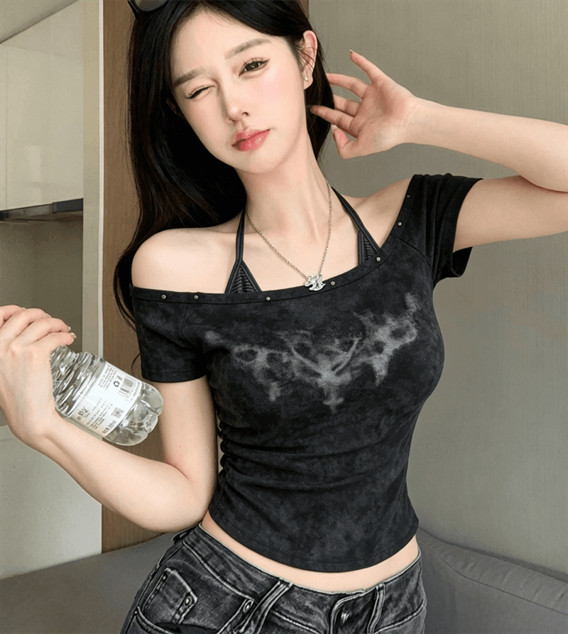 실사 여름 디자인 센스 비스듬한 칼라 패치워크 행침 목 스타일 몸매 가꾸기 카모플라주 맨위 핫걸 쇼트 스타일 페이크 레이어드 티셔츠 상세 이미지 3
