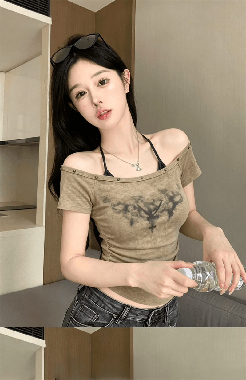 실사 여름 디자인 센스 비스듬한 칼라 패치워크 행침 목 스타일 몸매 가꾸기 카모플라주 맨위 핫걸 쇼트 스타일 페이크 레이어드 티셔츠 상세 이미지 4