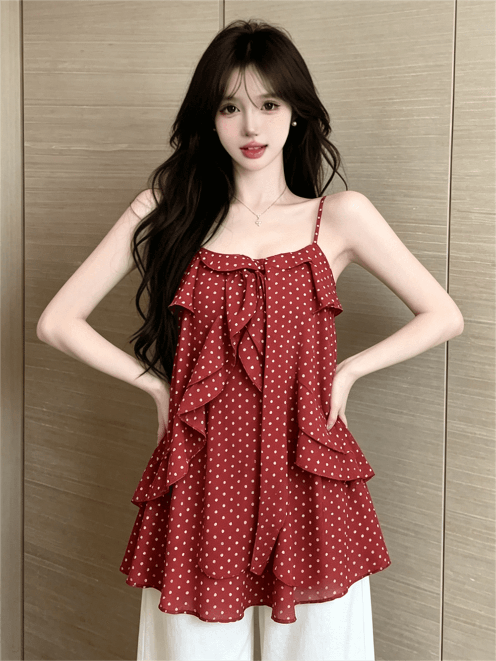 실사 여름 프랑스식 한 단어 레이스 칼라 패치워크 도트 무늬 조끼 슬립 루즈핏 중간 길이 리본 맨위 이미지 3
