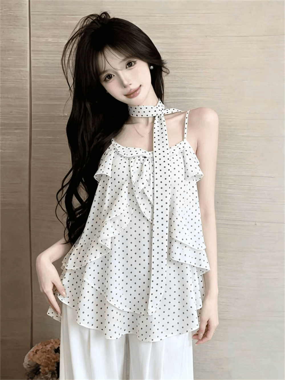 실사 여름 프랑스식 한 단어 레이스 칼라 패치워크 도트 무늬 조끼 슬립 루즈핏 중간 길이 리본 맨위 이미지 4