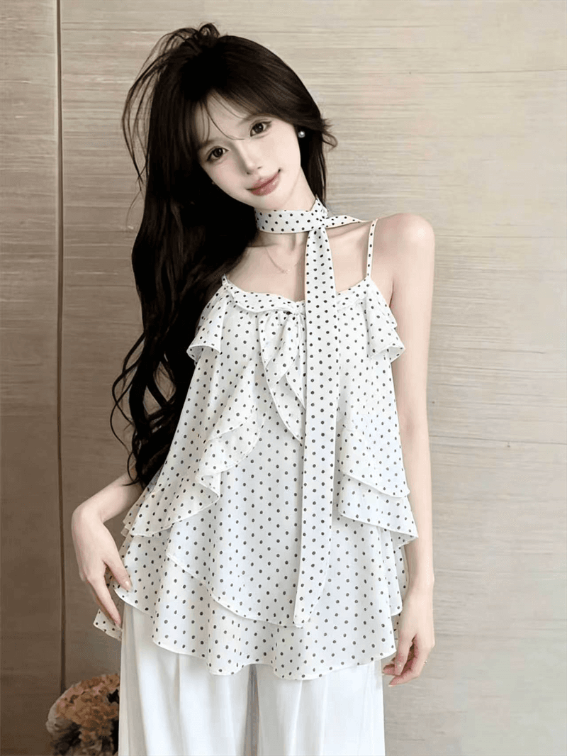 실사 여름 프랑스식 한 단어 레이스 칼라 패치워크 도트 무늬 조끼 슬립 루즈핏 중간 길이 리본 맨위 상세 이미지 10