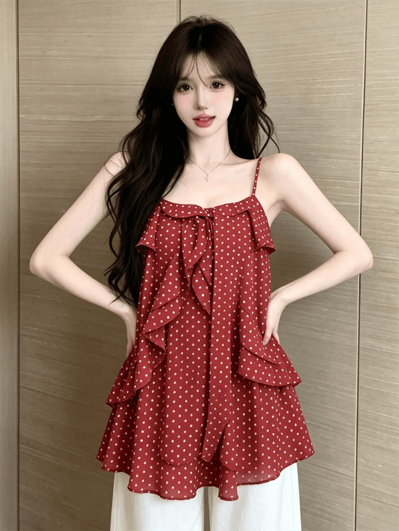 실사 여름 프랑스식 한 단어 레이스 칼라 패치워크 도트 무늬 조끼 슬립 루즈핏 중간 길이 리본 맨위 상세 이미지 12