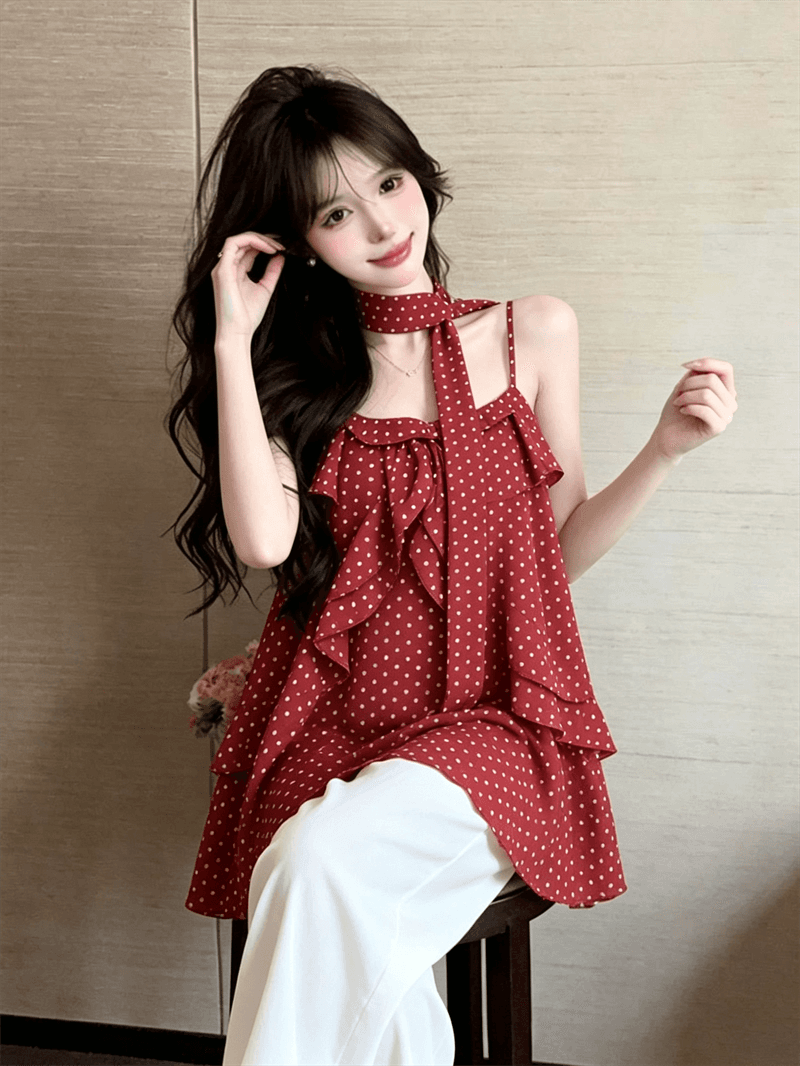 실사 여름 프랑스식 한 단어 레이스 칼라 패치워크 도트 무늬 조끼 슬립 루즈핏 중간 길이 리본 맨위 상세 이미지 13