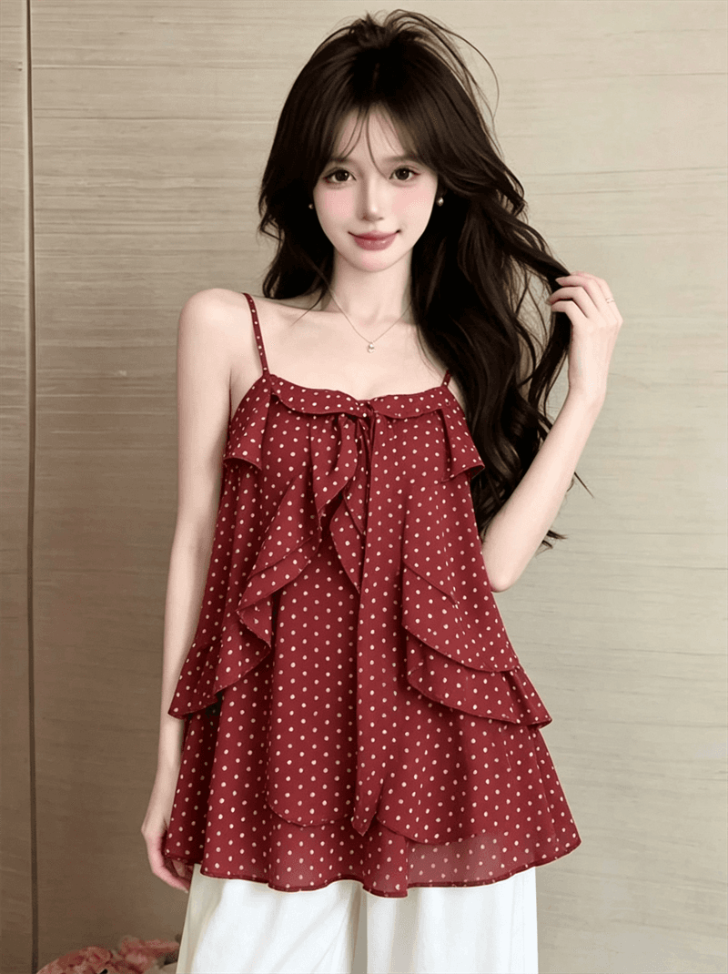 실사 여름 프랑스식 한 단어 레이스 칼라 패치워크 도트 무늬 조끼 슬립 루즈핏 중간 길이 리본 맨위 상세 이미지 14