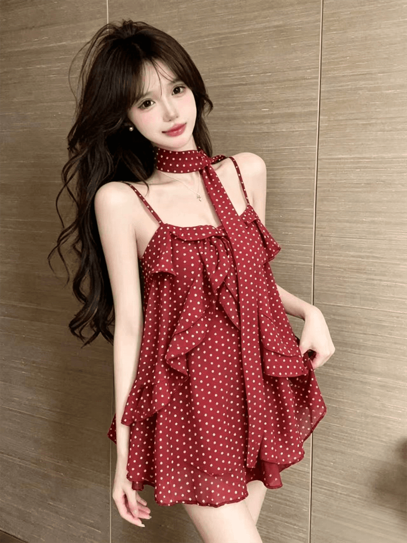 실사 여름 프랑스식 한 단어 레이스 칼라 패치워크 도트 무늬 조끼 슬립 루즈핏 중간 길이 리본 맨위 상세 이미지 15