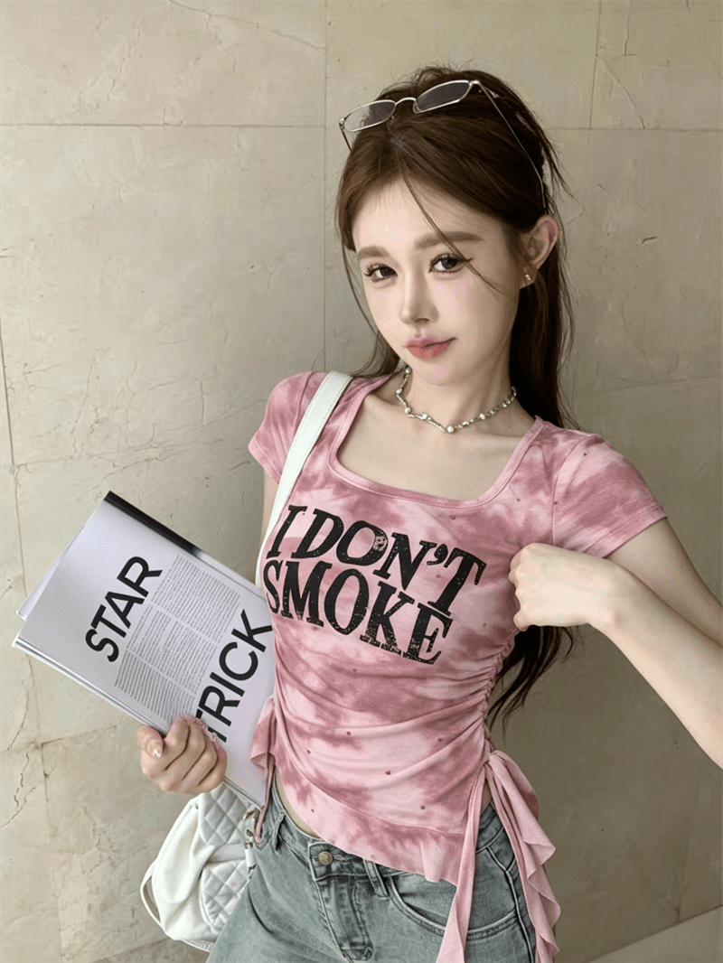 실사 여름 달콤한 미국 칼라 패치워크 레이스 측면 프린트 반팔 맨위 불규칙 몸매 가꾸기 슬림해 보이는 핫걸 티셔츠 상세 이미지 6