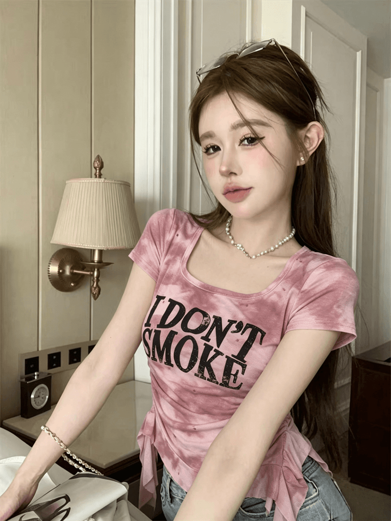 실사 여름 달콤한 미국 칼라 패치워크 레이스 측면 프린트 반팔 맨위 불규칙 몸매 가꾸기 슬림해 보이는 핫걸 티셔츠 상세 이미지 11
