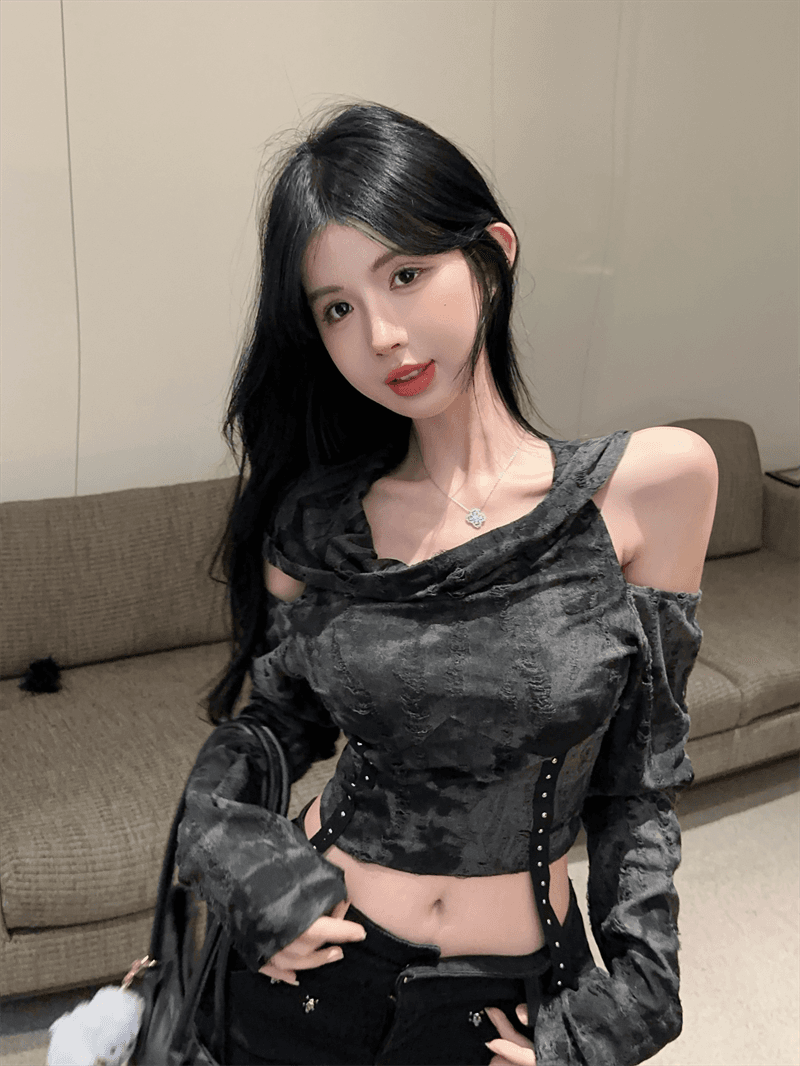 실사 가을 순수한 욕망 바람 풀오버 x 종류 디자인 센스 오프숄더 패치워크 몸매 가꾸기 핫걸 쇼트 스타일 후드 캐주얼 티셔츠