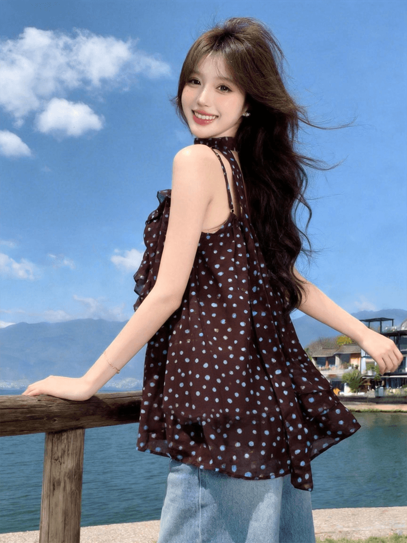 실사 여름 프랑스식 한 단어 레이스 칼라 패치워크 도트 무늬 조끼 슬립 루즈핏 중간 길이 리본 맨위 이미지 2
