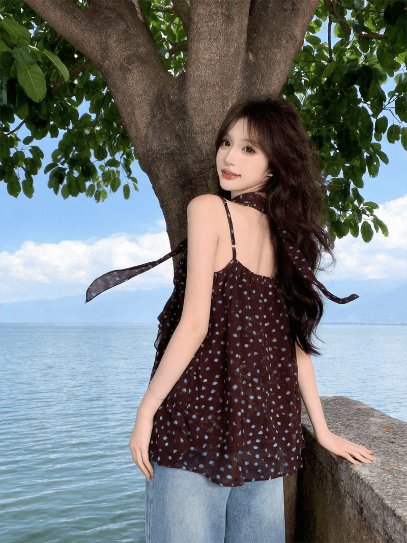 실사 여름 프랑스식 한 단어 레이스 칼라 패치워크 도트 무늬 조끼 슬립 루즈핏 중간 길이 리본 맨위 상세 이미지 3