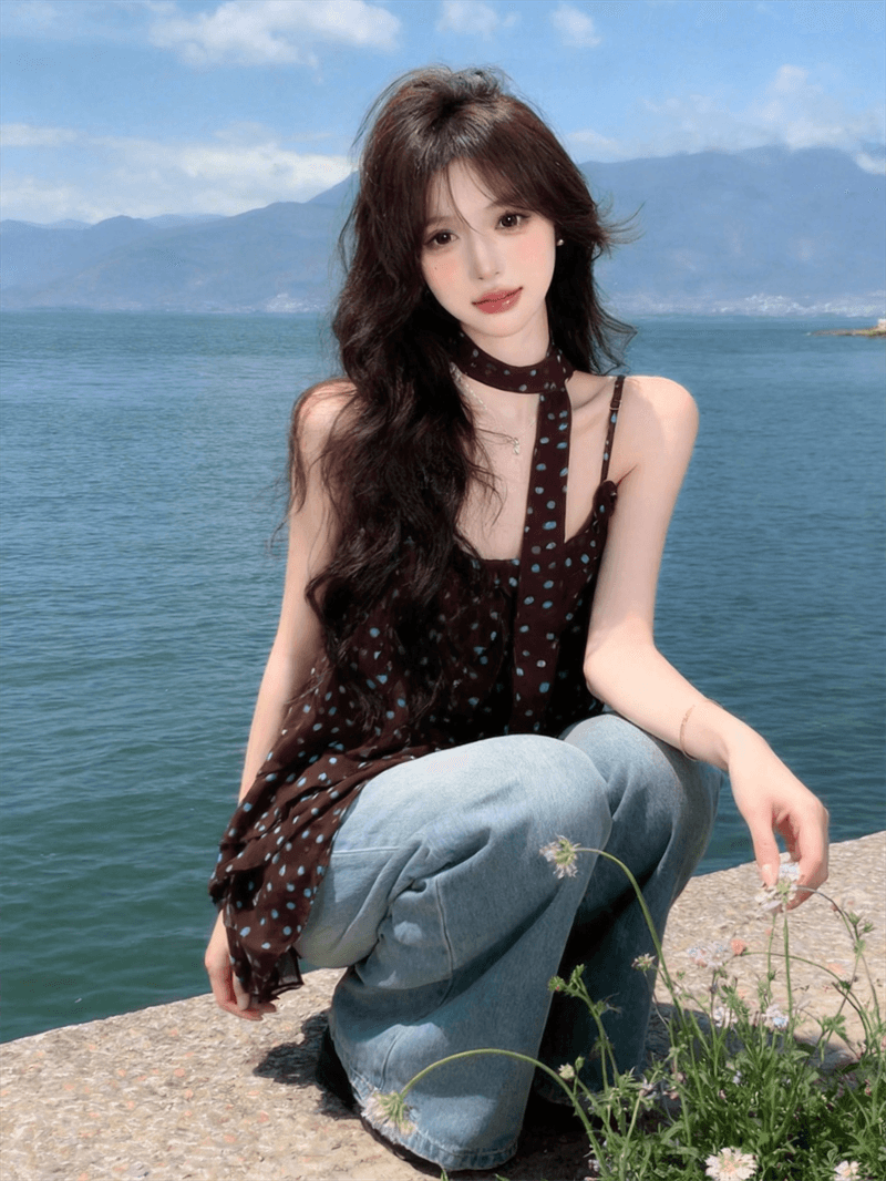 실사 여름 프랑스식 한 단어 레이스 칼라 패치워크 도트 무늬 조끼 슬립 루즈핏 중간 길이 리본 맨위 상세 이미지 4