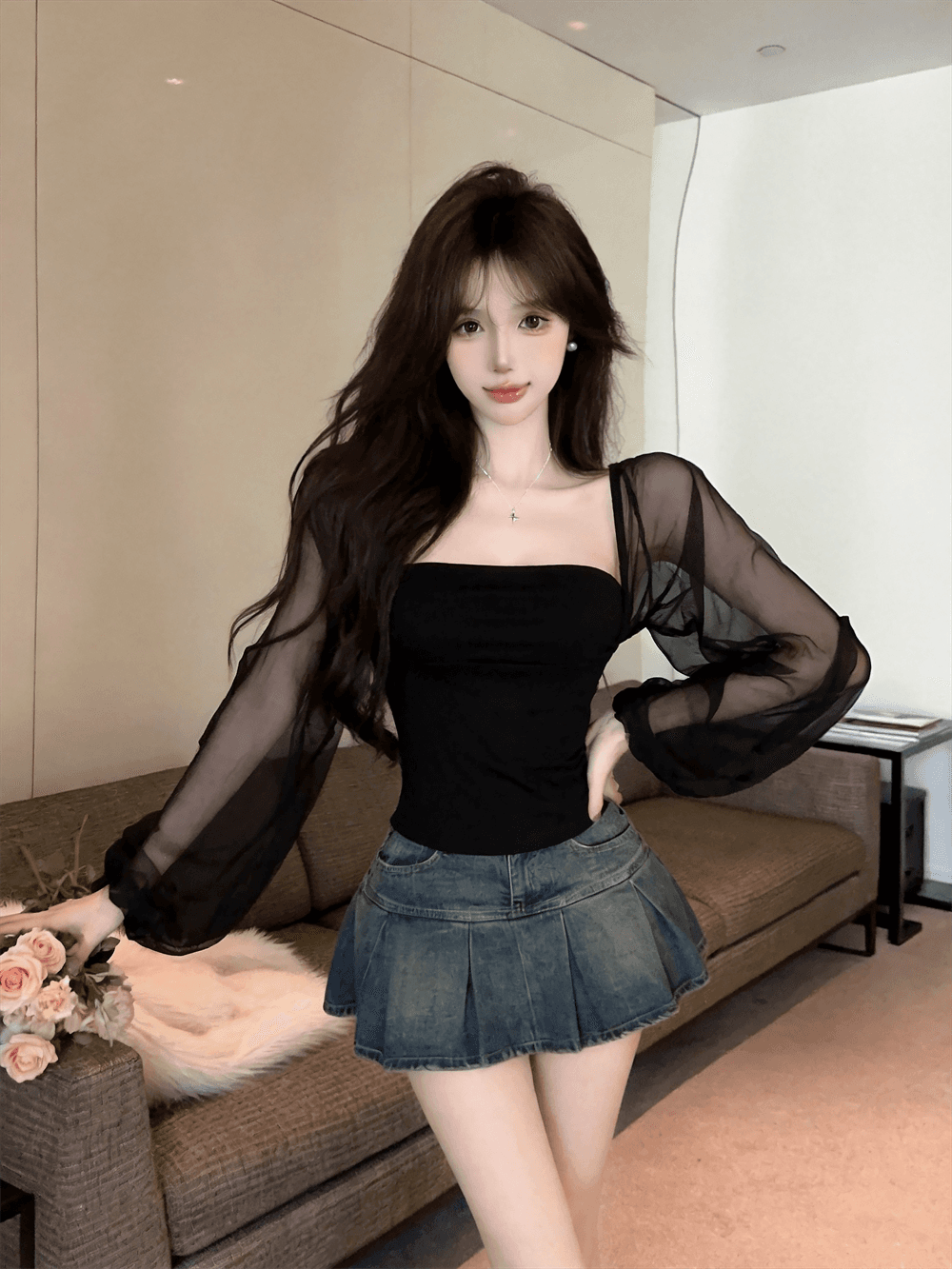실사 여름 순수한 욕망 보트넥 패치워크 긴팔 품격 맨위 핫걸 쇼트 스타일 몸매 가꾸기 풀오버 페이크 레이어드 티셔츠 이미지 3
