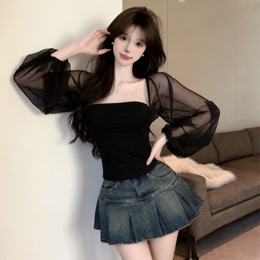 실사 여름 순수한 욕망 보트넥 패치워크 긴팔 품격 맨위 핫걸 쇼트 스타일 몸매 가꾸기 풀오버 페이크 레이어드 티셔츠 이미지 5