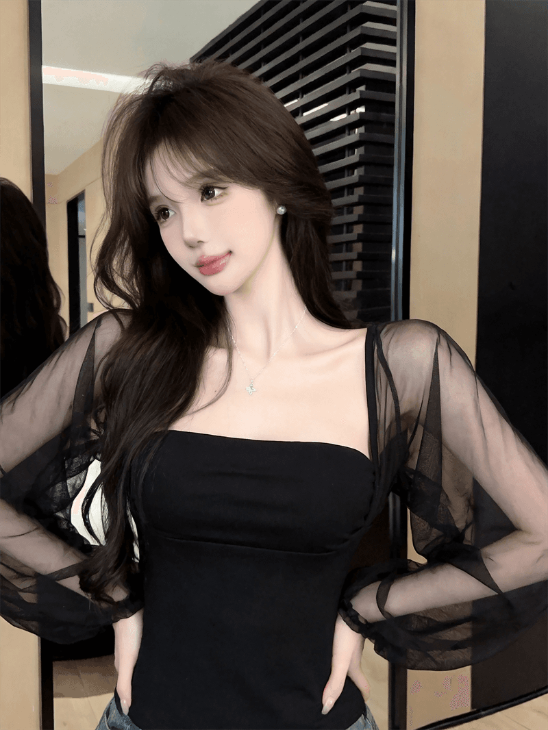 실사 여름 순수한 욕망 보트넥 패치워크 긴팔 품격 맨위 핫걸 쇼트 스타일 몸매 가꾸기 풀오버 페이크 레이어드 티셔츠 상세 이미지 1