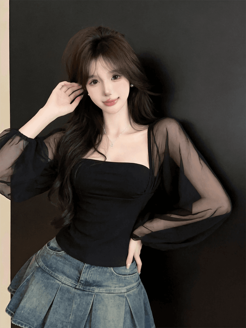 실사 여름 순수한 욕망 보트넥 패치워크 긴팔 품격 맨위 핫걸 쇼트 스타일 몸매 가꾸기 풀오버 페이크 레이어드 티셔츠 상세 이미지 2