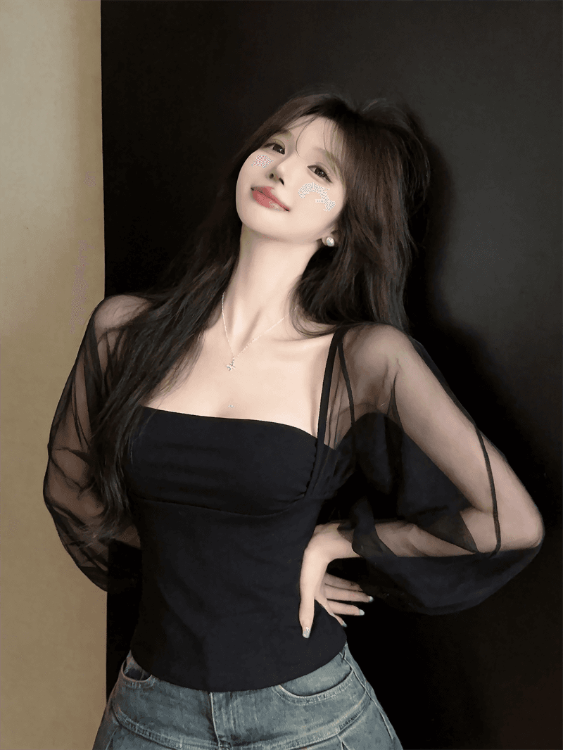 실사 여름 순수한 욕망 보트넥 패치워크 긴팔 품격 맨위 핫걸 쇼트 스타일 몸매 가꾸기 풀오버 페이크 레이어드 티셔츠 상세 이미지 3