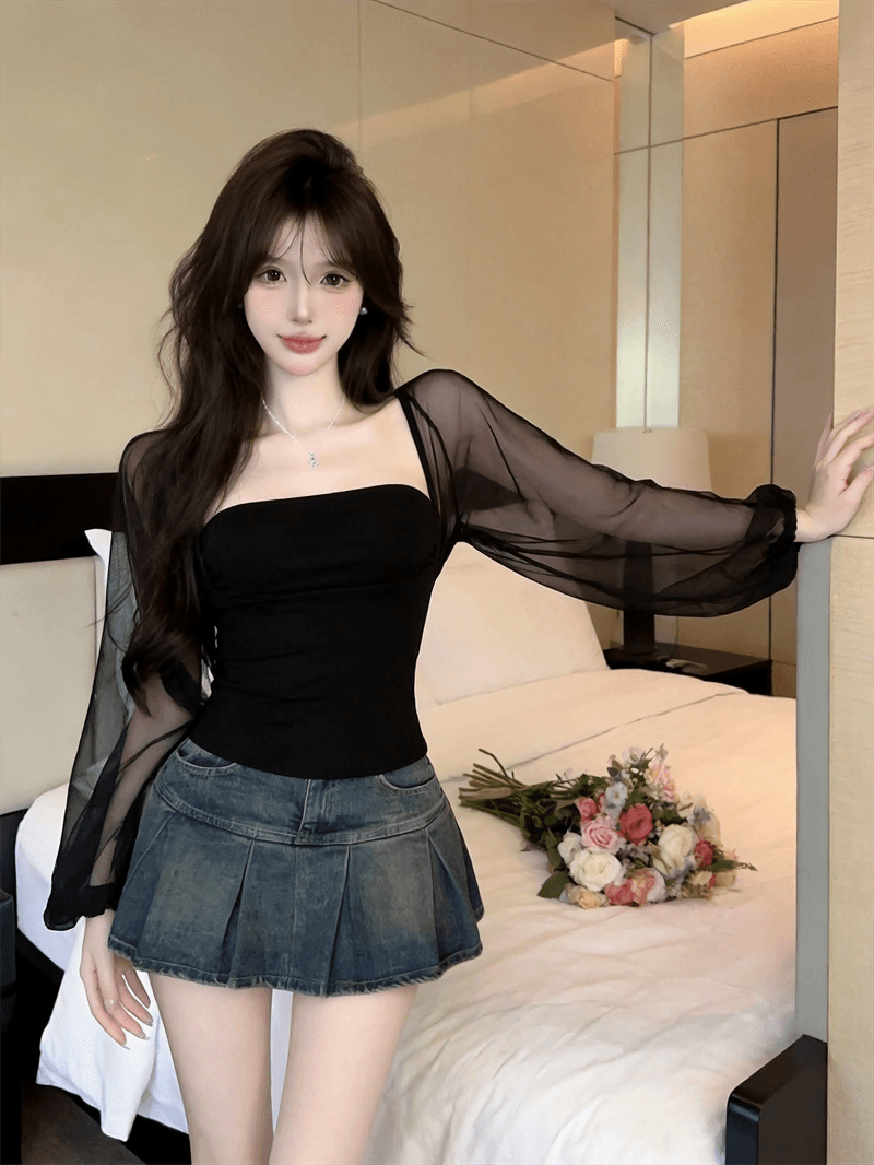 실사 여름 순수한 욕망 보트넥 패치워크 긴팔 품격 맨위 핫걸 쇼트 스타일 몸매 가꾸기 풀오버 페이크 레이어드 티셔츠 상세 이미지 5